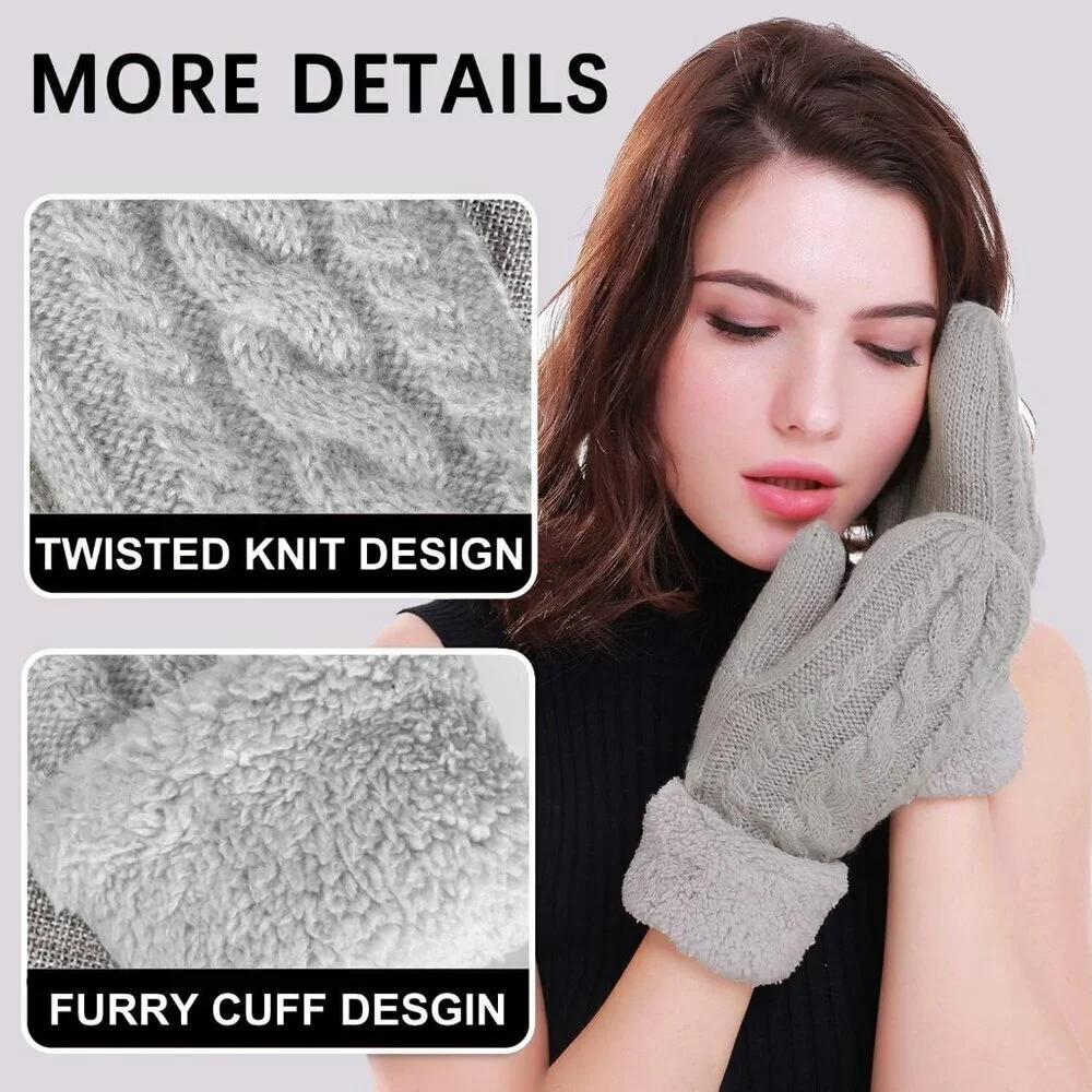 Women's Gray White Winter Warm Imported Fleece Lining Wool Knit Thick Gloves
